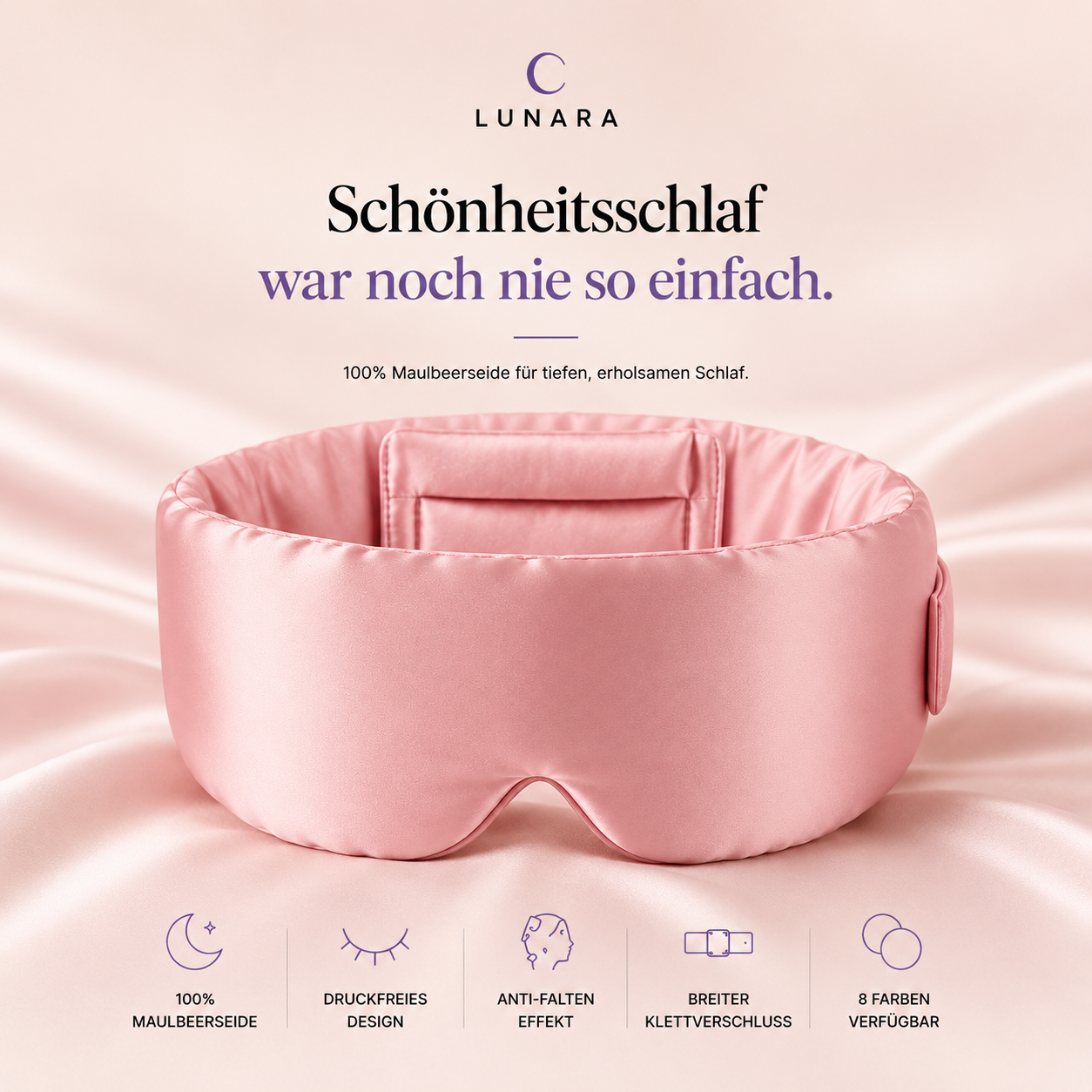 Lunara Seiden-Schlafmaske – 100% Maulbeerseide | Druckfrei, Anti-Falten, Verstellbar