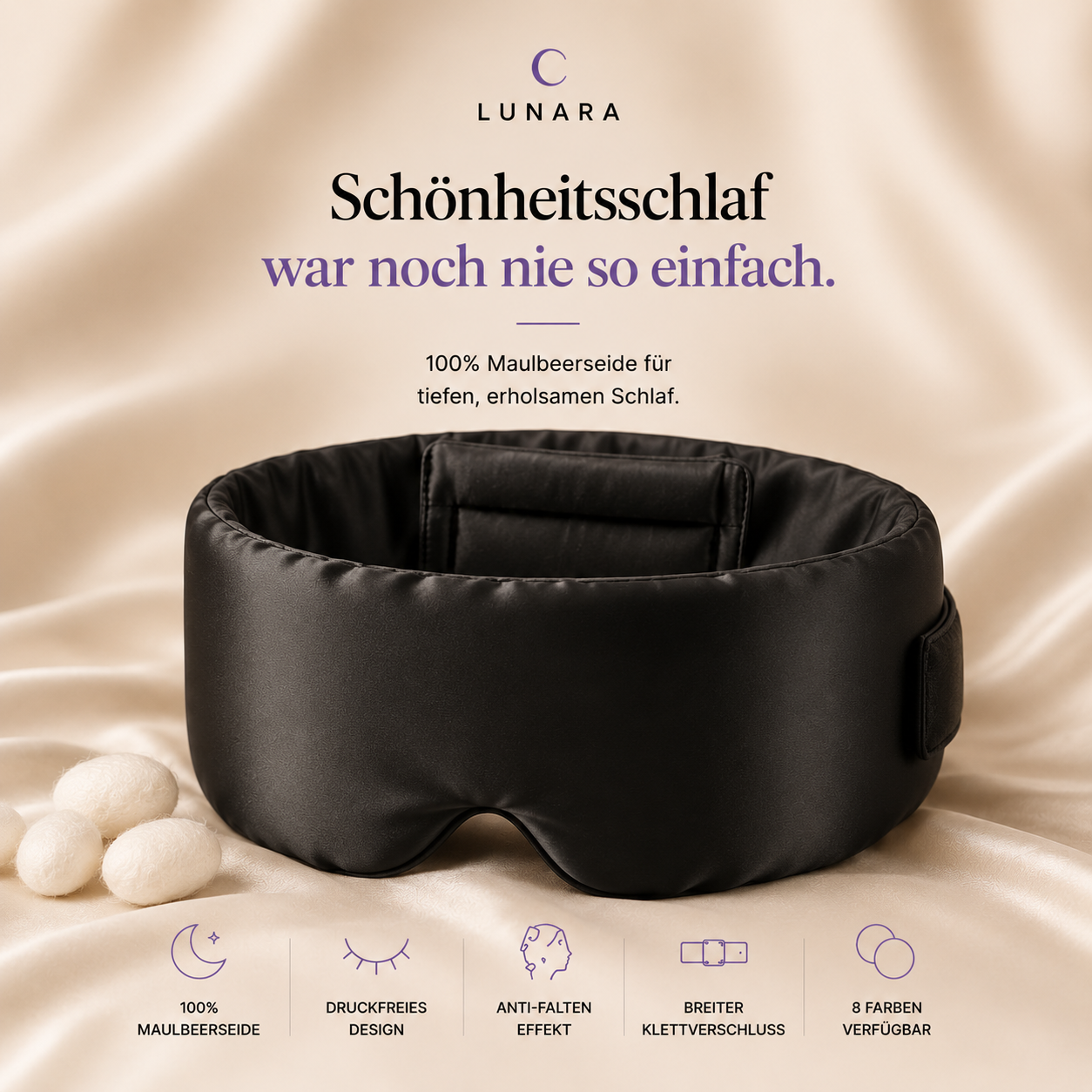 Lunara Seiden-Schlafmaske – 100% Maulbeerseide | Druckfrei, Anti-Falten, Verstellbar