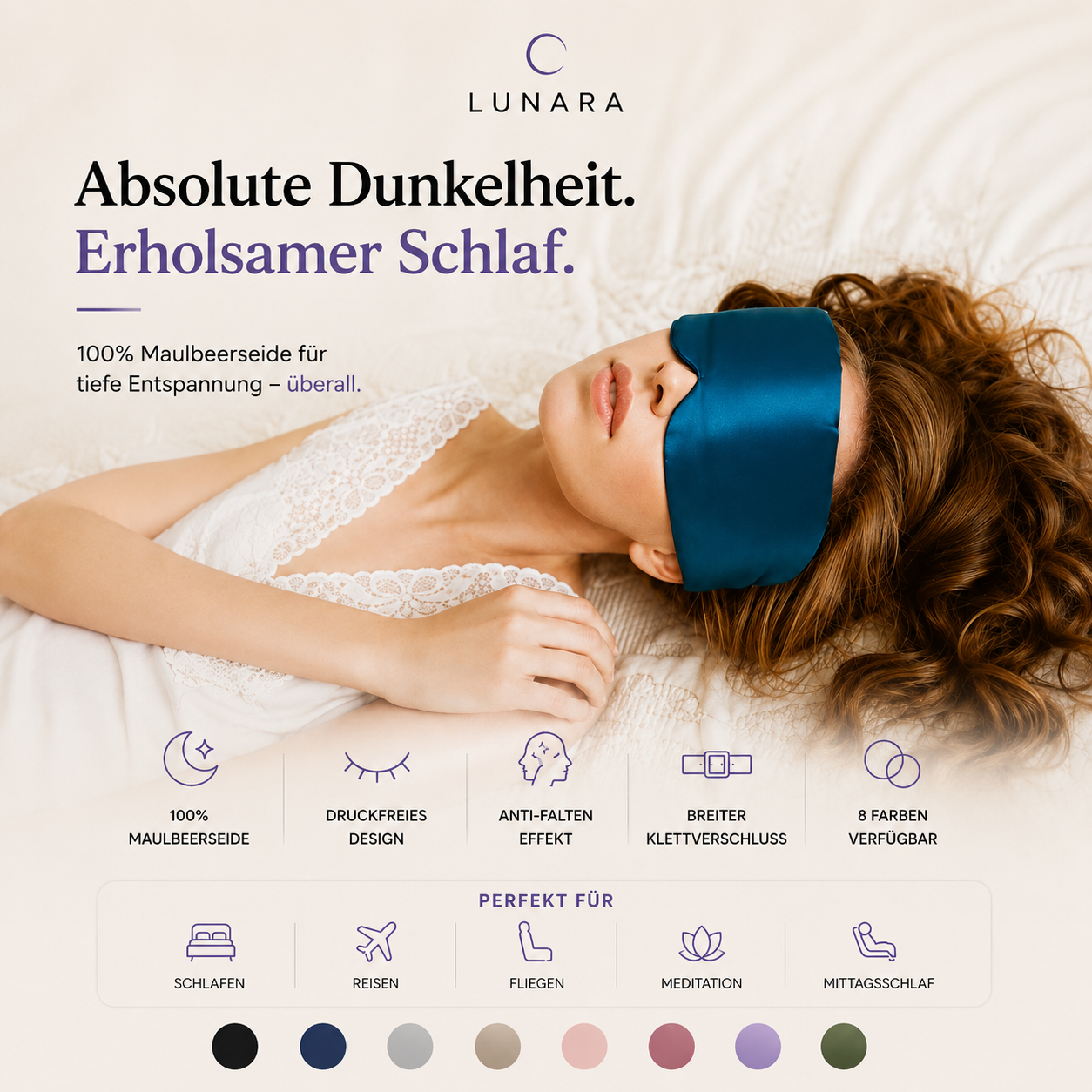 Lunara Seiden-Schlafmaske – 100% Maulbeerseide | Druckfrei, Anti-Falten, Verstellbar